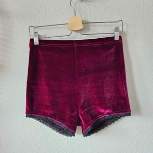 Velvet High-Waist Lounge Shorts in Deep Berry with Lace Trim